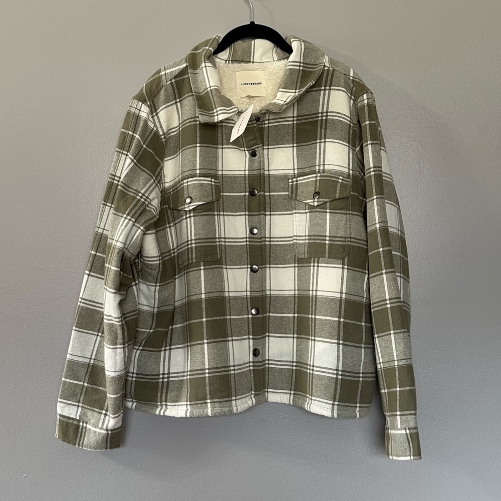 NWT Lucky Brand Women’s Green Plaid Sherpa Lined Shacket Sz XL